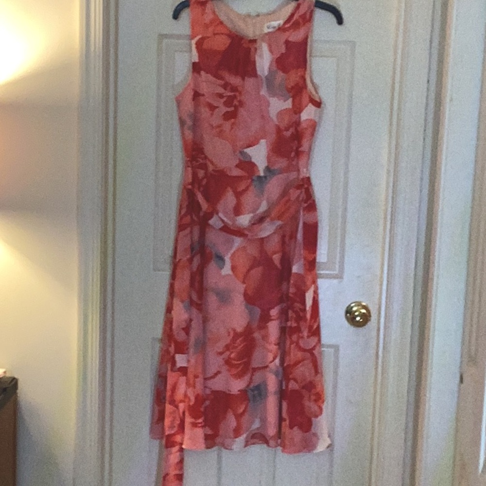 Eliza J Coral and Orange chiffon floral print midi dress